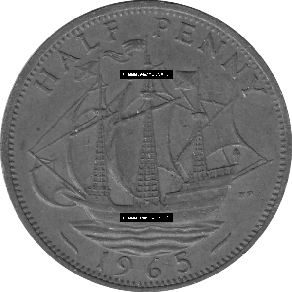 Grau bzw. s/w Münzen Großbritannien Umlaufmünzen Sammlung in PNG Großbritannien 1954-1970, Half Penny, Halber Pence 1965-03, Elisabeth II. (6) - Digitales Münzen-Bildmaterial... Sammlung Graustufen