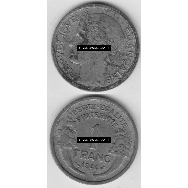 Grau bzw. s/w Münze Frankreich Umlaufmünzen Sammlung in PNG 1931-1941, 1 Franken, 1 Franc, 1941-1 LIBERTE EGALITE FRATERNITE (4) - Digitales Münzen-Bildmaterial einer französischen... Sammlung Graustufen