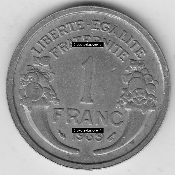 Grau bzw. s/w Münze Frankreich Umlaufmünzen Sammlung in PNG 1931-1941, 1 Franken, 1 Franc, 1939-1 LIBERTE EGALITE FRATERNITE (2) - Digitales Münzen-Bildmaterial einer französischen... Sammlung Graustufen