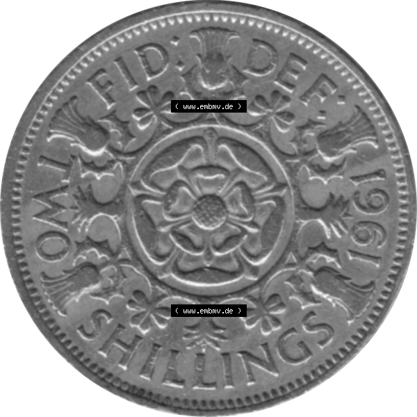 Grau bzw. s/w Münzen Großbritannien Umlaufmünzen Sammlung in PNG Großbritannien 1954-1970, 2 Schilling-Florin, Two Shillings, 1961-04 ELIZABETH II DEI GRATIA REGINA (6)... Sammlung Graustufen