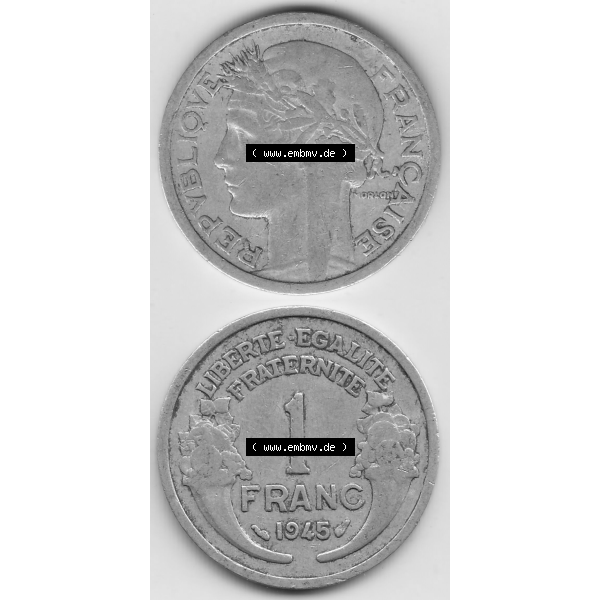Grau bzw. s/w Münze Frankreich Umlaufmünzen Sammlung in PNG 1941-1959, 1 Franken - Francs 1945 (4) - Digitales Münzen-Bildmaterial einer französischen Francs Münze aus Frankreich... Sammlung Graustufen