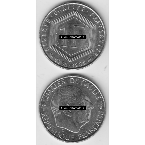 Grau bzw. s/w Münze Frankreich Umlaufmünzen Sammlung in PNG 1988-1988, 1 Francs, Franken 1988 (4) - Digitales Münzen-Bildmaterial einer französischen Francs Münze aus Frankreich... Sammlung Graustufen