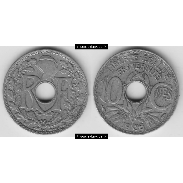 Grau bzw. s/w Münze Frankreich Umlaufmünzen Sammlung in PNG 1917-1938, 10 Centimes - Cmes 1935-2 (3) - Digitales Münzen-Bildmaterial einer französischen Francs Münze aus Frankreich... Sammlung Graustufen