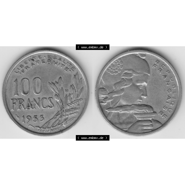 Grau bzw. s/w Münze Frankreich Umlaufmünzen Sammlung in PNG 1954-1958; 100 Francs, Franken Typ I. 1955 (3) - Digitales Münzen-Bildmaterial einer französischen Francs Münze... Sammlung Graustufen