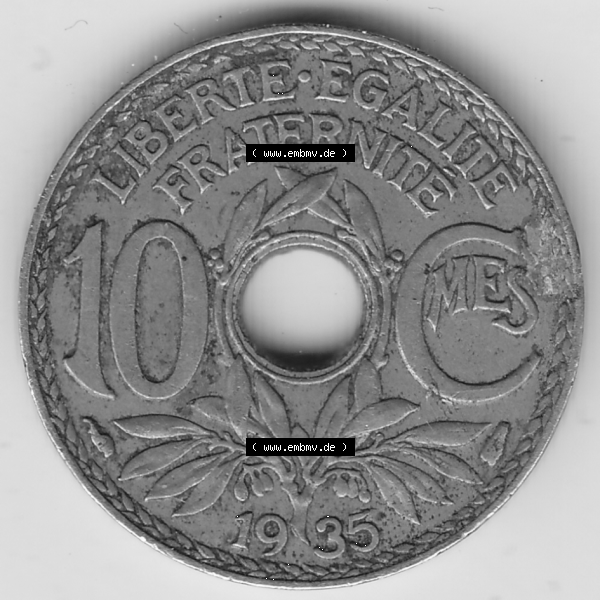 Grau bzw. s/w Münze Frankreich Umlaufmünzen Sammlung in PNG 1917-1938, 10 Centimes - Cmes 1935-3 (2) - Digitales Münzen-Bildmaterial einer französischen Francs Münze aus Frankreich... Sammlung Graustufen
