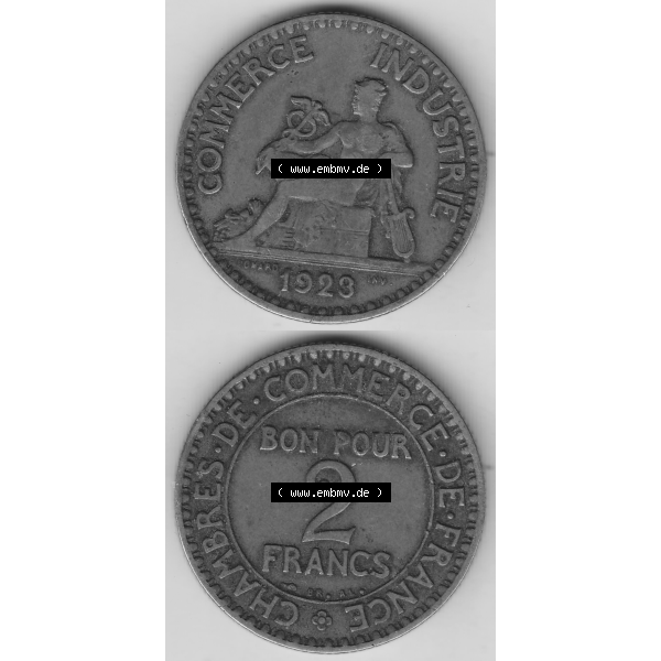 Grau bzw. s/w Münze Frankreich Umlaufmünzen Sammlung in PNG 1920-1927, 2 Francs - Franken 1923 (4) - Digitales Münzen-Bildmaterial einer französischen Francs Münze aus Frankreich... Sammlung Graustufen