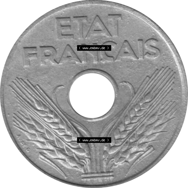 Grau bzw. s/w Münze Frankreich Umlaufmünzen Sammlung in PNG 1941-1944, 20 Centimes, Cent 1943-01 (6) - Digitales Münzen-Bildmaterial einer französischen Francs Münze aus... Sammlung Graustufen
