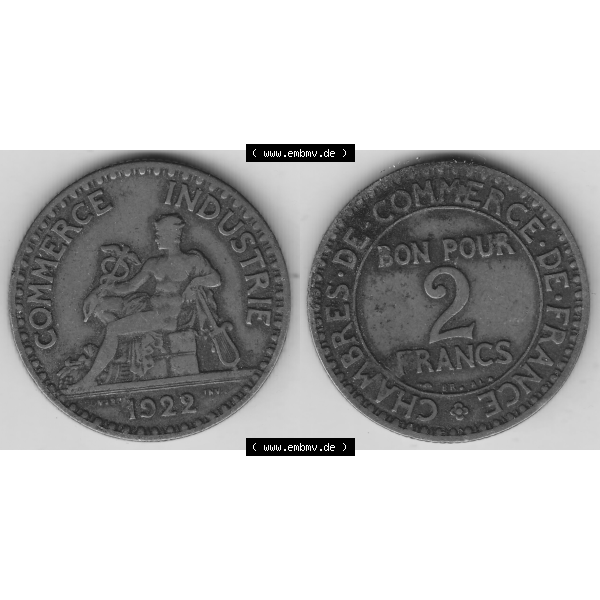 Grau bzw. s/w Münze Frankreich Umlaufmünzen Sammlung in PNG 1920-1927, 2 Francs - Franken 1922-2 (3) - Digitales Münzen-Bildmaterial einer französischen Francs Münze aus Frankreich... Sammlung Graustufen