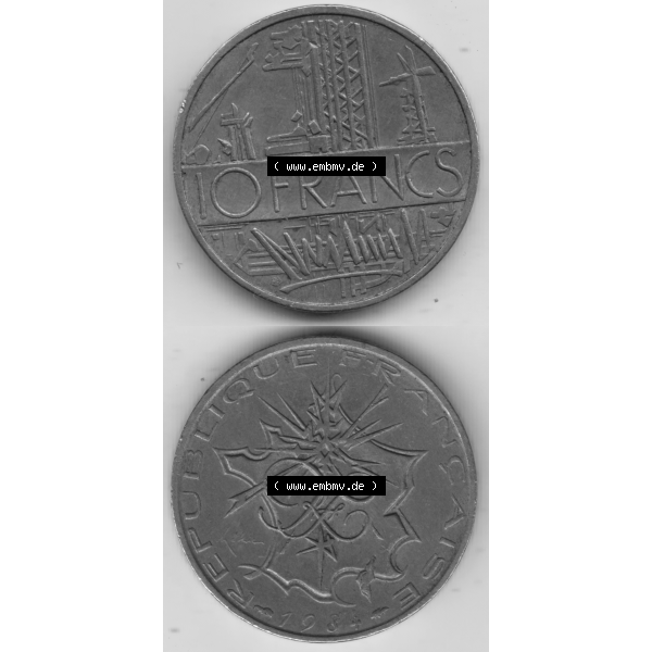 Grau bzw. s/w Münze Frankreich Umlaufmünzen Sammlung in PNG 1974-1987, 10 Franken-Francs 1984 (4) - Digitales Münzen-Bildmaterial einer französischen Francs Münze aus Frankreich... Sammlung Graustufen