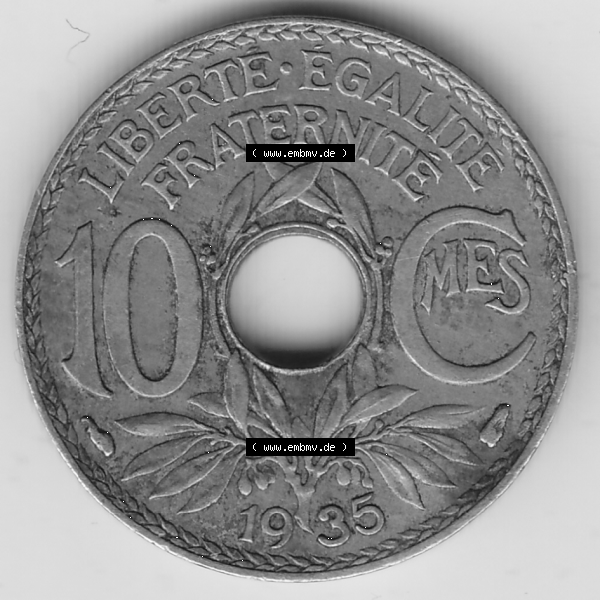 Grau bzw. s/w Münze Frankreich Umlaufmünzen Sammlung in PNG 1917-1938, 10 Centimes - Cmes 1935-1 (2) - Digitales Münzen-Bildmaterial einer französischen Francs Münze aus Frankreich... Sammlung Graustufen
