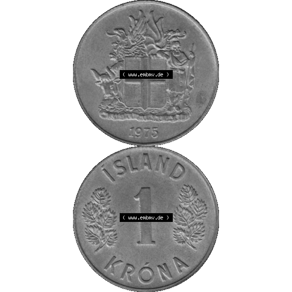 Grau bzw. s/w Alte Münze Island Umlaufmünze 1967-1975, 1 KR Krone 1975-01. Vorderseite und Rückseite der Münze, Umlaufmünze / Kursmünze Island vertikal auf einen... Sammlung Graustufen