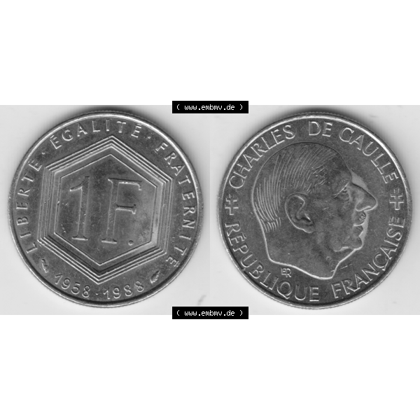 Grau bzw. s/w Münze Frankreich Umlaufmünzen Sammlung in PNG 1988-1988, 1 Francs, Franken 1988 (3) - Digitales Münzen-Bildmaterial einer französischen Francs Münze aus Frankreich... Sammlung Graustufen