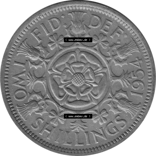 Grau bzw. s/w Münzen Großbritannien Umlaufmünzen Sammlung in PNG Großbritannien 1954-1970, 2 Schilling-Florin, Two Shillings, 1954-02 ELIZABETH II DEI GRATIA REGINA (6)... Sammlung Graustufen