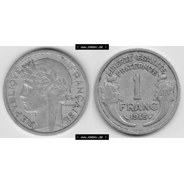 Grau bzw. s/w Münze Frankreich Umlaufmünzen Sammlung in PNG 1941-1959, 1 Franken - Francs 1945 (3) - Digitales Münzen-Bildmaterial einer französischen Francs Münze aus Frankreich... Sammlung Graustufen