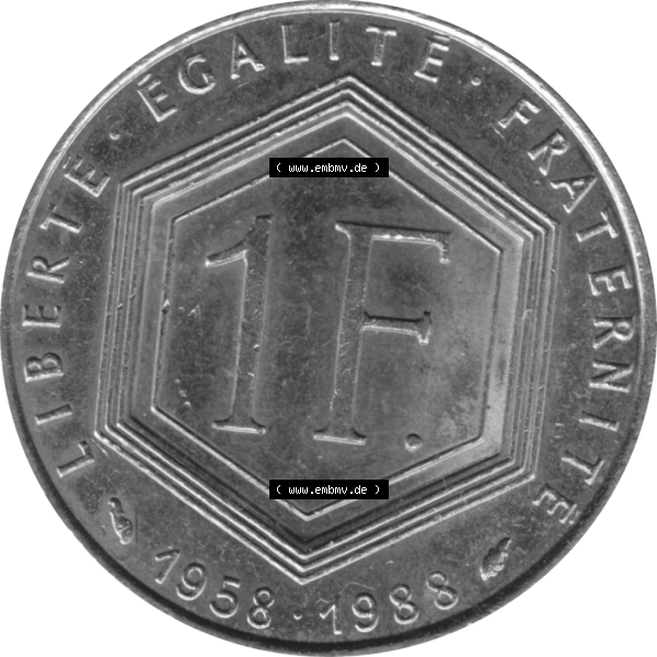 Grau bzw. s/w Münze Frankreich Umlaufmünzen Sammlung in PNG 1988-1988, 1 Francs, Franken 1988-01 (5) - Digitales Münzen-Bildmaterial einer französischen Francs Münze aus... Sammlung Graustufen