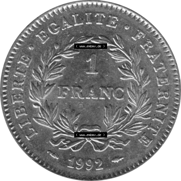 Grau bzw. s/w Münze Frankreich Umlaufmünzen Sammlung in PNG 1992-1992, 1 Francs Liberty Freiheitsgöttin 1992-01 (5) - Digitales Münzen-Bildmaterial einer französischen Francs... Sammlung Graustufen