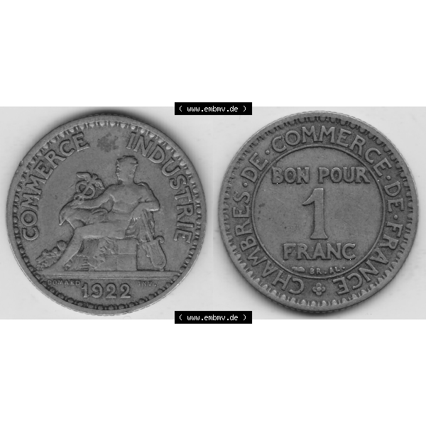Grau bzw. s/w Münze Frankreich Umlaufmünzen Sammlung in PNG 1922-1927, 1 Franken, BON POUR One Franc, 1922-1 CHAMBRES DE COMMERCE DE FRANCE (3) - Digitales Münzen-Bildmaterial... Sammlung Graustufen