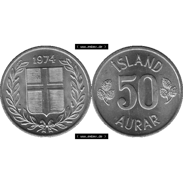 Grau bzw. s/w Alte Münze Island Umlaufmünze 1969-1974, 50 Aurar 1974-01, 50 Isländische Aurar. Vorderseite und Rückseite der Münze aus Island horizontal auf einen digitalen... Sammlung Graustufen
