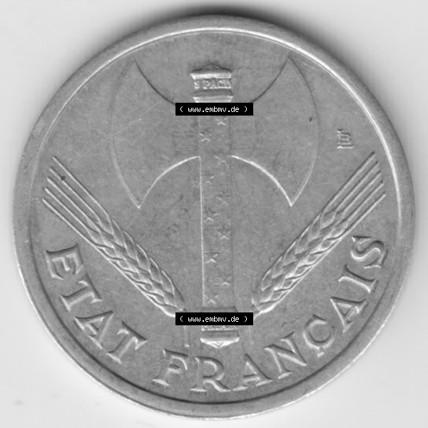 Grau bzw. s/w Münze Frankreich Umlaufmünzen Sammlung in PNG 1942-1944, 1 Franc, Franken 1943 (2) - Digitales Münzen-Bildmaterial einer französischen Francs Münze aus Frankreich... Sammlung Graustufen