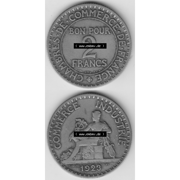 Grau bzw. s/w Münze Frankreich Umlaufmünzen Sammlung in PNG 1920-1927, 2 Francs, Franken 1923 (4) - Digitales Münzen-Bildmaterial einer französischen Francs Münze aus Frankreich... Sammlung Graustufen