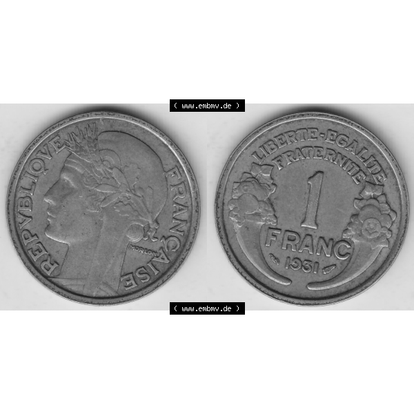 Grau bzw. s/w Münze Frankreich Umlaufmünzen Sammlung in PNG 1931-1941, 1 Franken, 1 Franc, 1931-1 LIBERTE EGALITE FRATERNITE (3) - Digitales Münzen-Bildmaterial einer französischen... Sammlung Graustufen