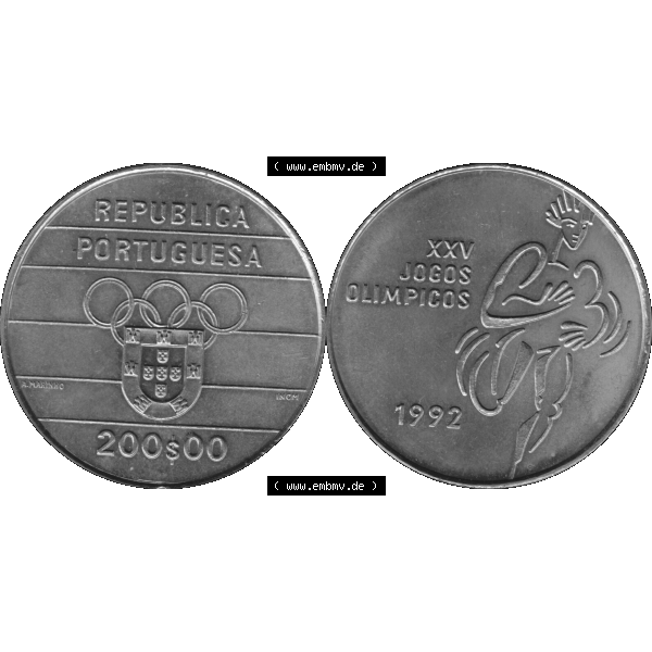 Grau bzw. s/w Alte Gedenkmünze aus Portugal als PNG-Grafik 1992, 200 Escudos, XXV Jogos Olimpicos. Vorderseite und Rückseite auf einen Bild/Foto der portugiesischen 200 Escudos Gedenkmünze... Sammlung Graustufen