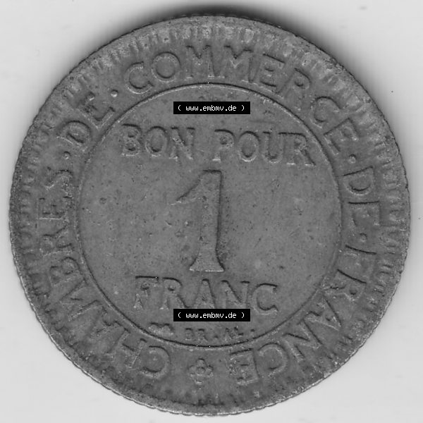 Grau bzw. s/w Münze Frankreich Umlaufmünzen Sammlung in PNG 1920-1927, 1 Franken BON POUR 1 FRANC 1927 (2) - Digitales Münzen-Bildmaterial einer französischen Francs Münze aus... Sammlung Graustufen