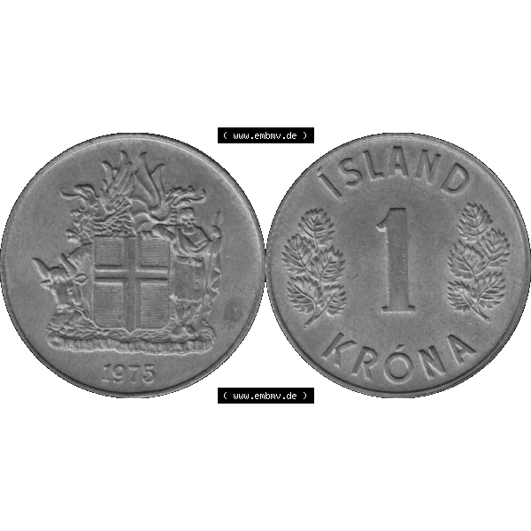 Grau bzw. s/w Alte Münze Island Umlaufmünze 1967-1975, 1 KR Krone 1975-01. Vorderseite und Rückseite der Münze aus Island horizontal auf einen digitalen Bild der alten isländischen... Sammlung Graustufen