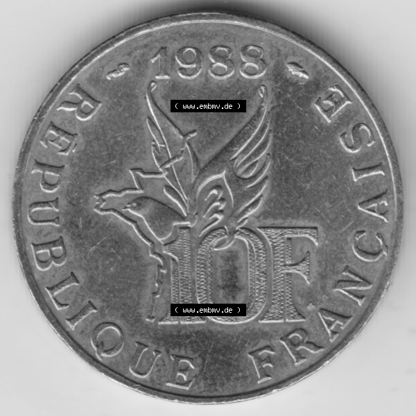 Grau bzw. s/w Münze Frankreich Umlaufmünzen Sammlung in PNG 1988-1988, 10 Francs Roland Garros (2) - Digitales Münzen-Bildmaterial einer französischen Francs Münze aus Frankreich... Sammlung Graustufen