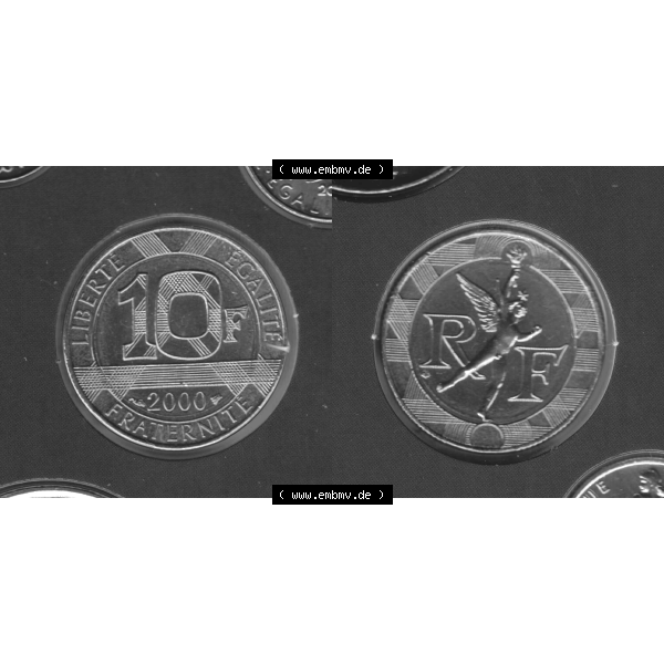 Grau bzw. s/w Münze Frankreich aus KMS Umlaufmünzen Sammlung in PNG 2000, 10 Francs (3) - Digitales Münzen-Bildmaterial einer französischen Francs Münze aus Frankreich aus KMS... Sammlung Graustufen