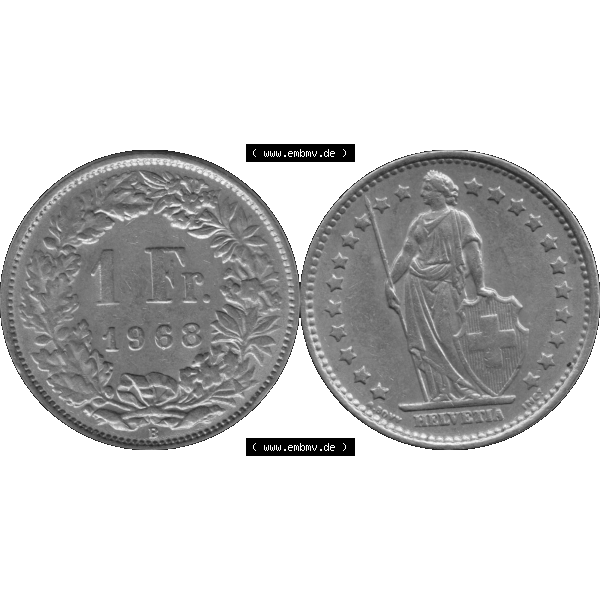Grau bzw. s/w Alte Münze Schweiz in original Farbgebung vom Scanner transparenten PNG 1968-1982, 1 Franken B 1968-03 (15). Digitales Münzen-Bildmaterial der 1/Ein Franken Münze... Sammlung Graustufen
