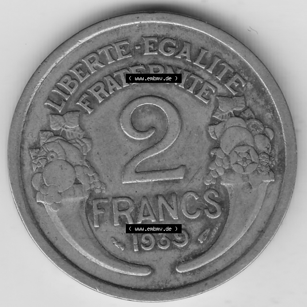 Grau bzw. s/w Münze Frankreich Umlaufmünzen Sammlung in PNG 1931-1941, 2 Franken 1939-1 LIBERTE EGALITE FRATERNITE (2) - Digitales Münzen-Bildmaterial einer französischen Francs Münze... Sammlung Graustufen