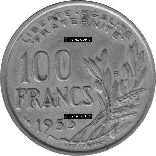 Grau bzw. s/w Münze Frankreich Umlaufmünzen Sammlung in PNG 1954-1958; 100 Francs, Franken Typ I. 1955-01 (5) - Digitales Münzen-Bildmaterial einer französischen Francs... Sammlung Graustufen