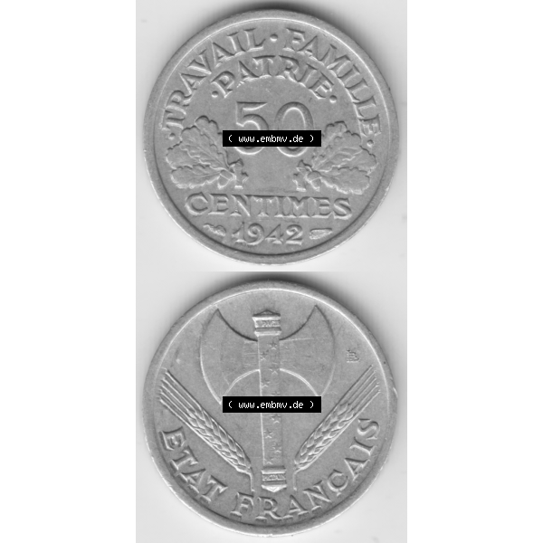 Grau bzw. s/w Münze Frankreich Umlaufmünzen Sammlung in PNG 1942-1944, 50 Centimes, Cent 1942 (4) - Digitales Münzen-Bildmaterial einer französischen Francs Münze aus Frankreich... Sammlung Graustufen