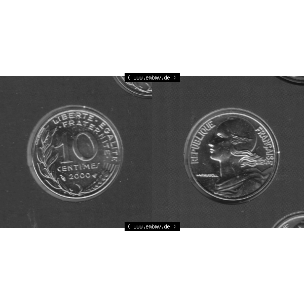 Grau bzw. s/w Münze Frankreich Umlaufmünzen Sammlung in PNG 2000, 10 Centimes (3) - Digitales Münzen-Bildmaterial einer französischen Francs Münze aus Frankreich in farbige mit... Sammlung Graustufen