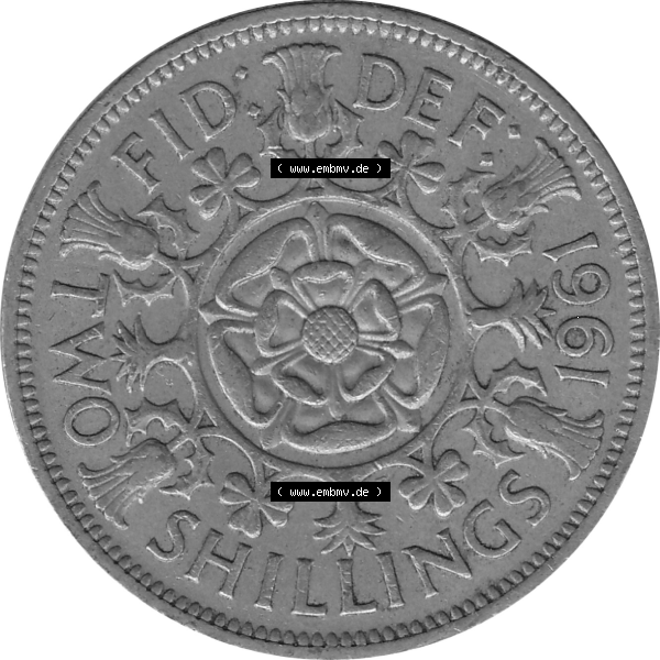 Grau bzw. s/w Münzen Großbritannien Umlaufmünzen Sammlung in PNG Großbritannien 1954-1970, 2 Schilling-Florin, Two Shillings, 1961-03 ELIZABETH II DEI GRATIA REGINA (6)... Sammlung Graustufen