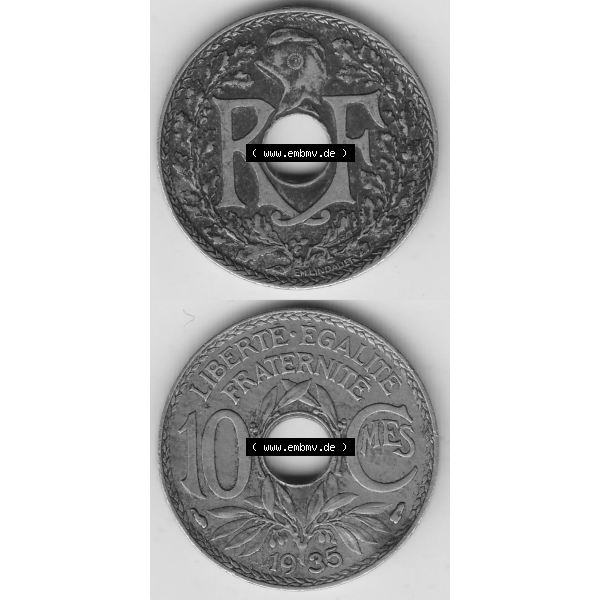 Grau bzw. s/w Münze Frankreich Umlaufmünzen Sammlung in PNG 1917-1938, 10 Centimes - Cmes 1935-1 (4) - Digitales Münzen-Bildmaterial einer französischen Francs Münze aus Frankreich... Sammlung Graustufen