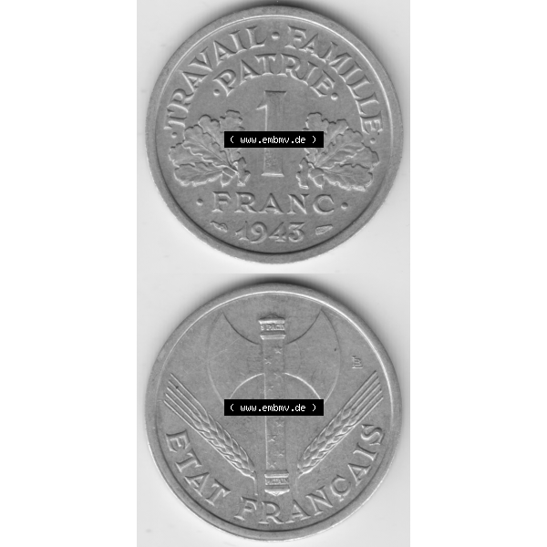 Grau bzw. s/w Münze Frankreich Umlaufmünzen Sammlung in PNG 1942-1944, 1 Franc, Franken 1943 (4) - Digitales Münzen-Bildmaterial einer französischen Francs Münze aus Frankreich... Sammlung Graustufen