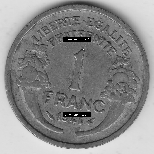Grau bzw. s/w Münze Frankreich Umlaufmünzen Sammlung in PNG 1931-1941, 1 Franken, 1 Franc, 1941-1 LIBERTE EGALITE FRATERNITE (2) - Digitales Münzen-Bildmaterial einer französischen... Sammlung Graustufen