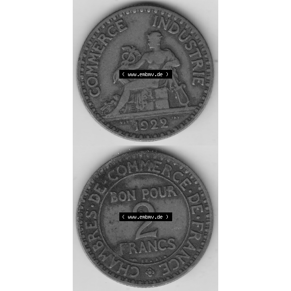 Grau bzw. s/w Münze Frankreich Umlaufmünzen Sammlung in PNG 1920-1927, 2 Francs - Franken 1922-2 (4) - Digitales Münzen-Bildmaterial einer französischen Francs Münze aus Frankreich... Sammlung Graustufen