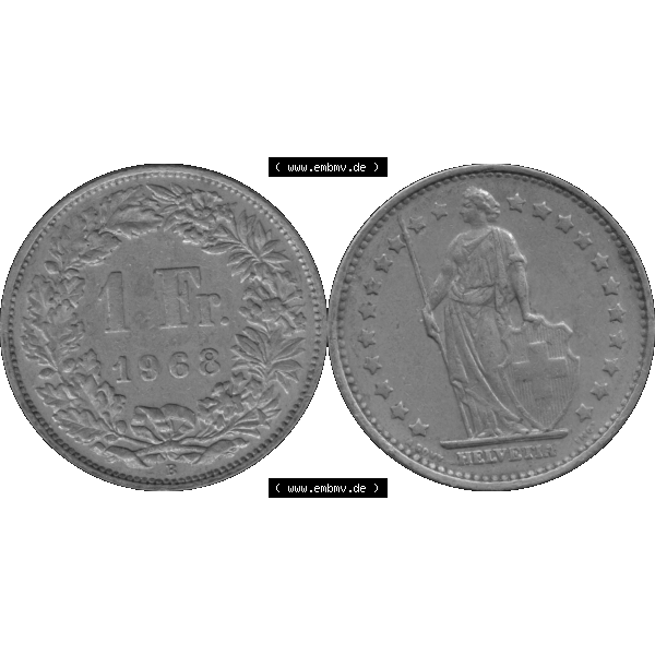 Grau bzw. s/w Alte Münze Schweiz in original Farbgebung vom Scanner transparenten PNG 1968-1982, 1 Franken B 1968-04 (15). Digitales Münzen-Bildmaterial der 1/Ein Franken Münze... Sammlung Graustufen