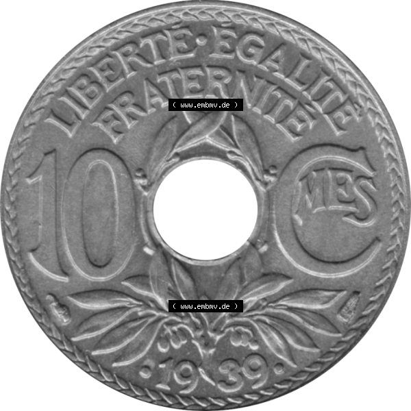 Grau bzw. s/w Münze Frankreich Umlaufmünzen Sammlung in PNG 1938-1939, 10 Centimes, Cent 1939-01 (5) - Digitales Münzen-Bildmaterial einer französischen Francs Münze aus... Sammlung Graustufen