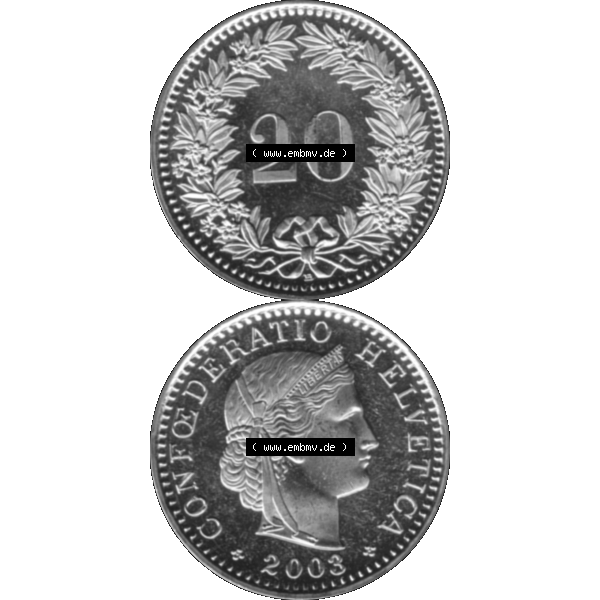 Grau bzw. s/w Alte Münze KMS Schweiz in original Farbgebung vom Scanner transparenten PNG 1939-2018, 20 Rappen 2003. Erst die Rückseite Oben und dann die Vorderseite unten der Münze Umlaufmünze... Sammlung Graustufen