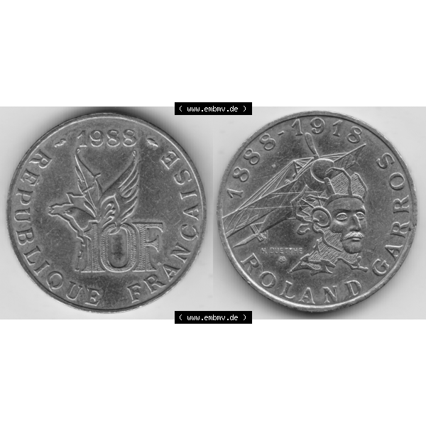 Grau bzw. s/w Münze Frankreich Umlaufmünzen Sammlung in PNG 1988-1988, 10 Francs Roland Garros (3) - Digitales Münzen-Bildmaterial einer französischen Francs Münze aus Frankreich... Sammlung Graustufen