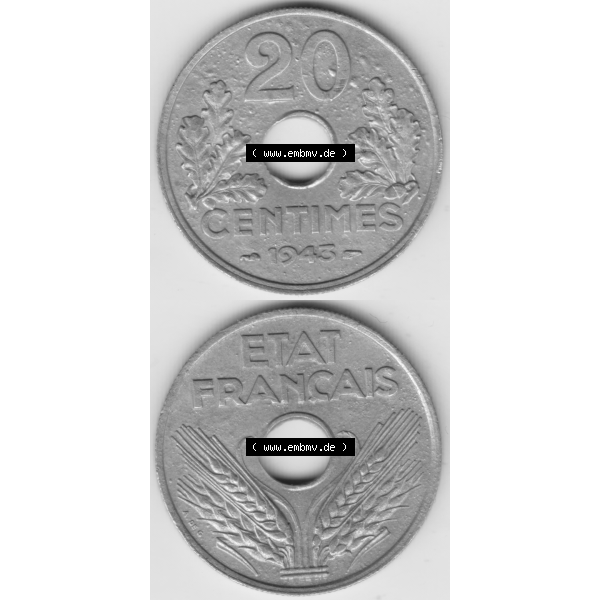 Grau bzw. s/w Münze Frankreich Umlaufmünzen Sammlung in PNG 1941-1944, 20 Centimes, Cent 1943 (4) - Digitales Münzen-Bildmaterial einer französischen Francs Münze aus Frankreich... Sammlung Graustufen
