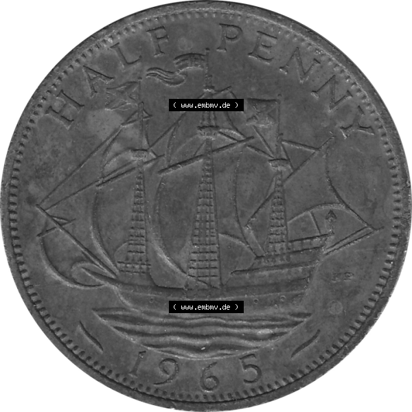 Grau bzw. s/w Münzen Großbritannien Umlaufmünzen Sammlung in PNG Großbritannien 1954-1970, Half Penny, Halber Pence 1965-02, Elisabeth II. (6) - Digitales Münzen-Bildmaterial... Sammlung Graustufen