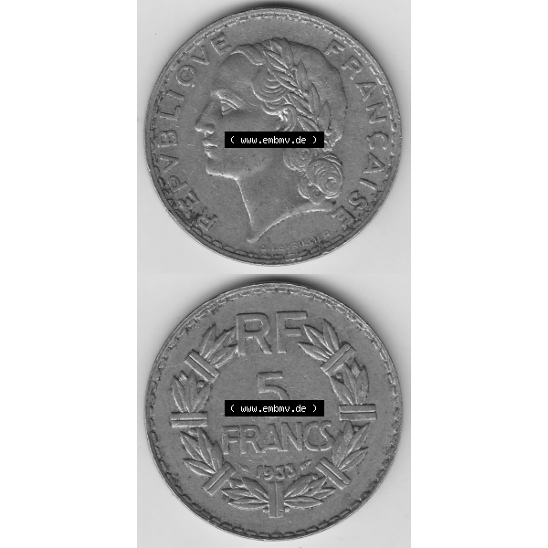 Grau bzw. s/w Münze Frankreich Umlaufmünzen Sammlung in PNG 1933-1938, 5 Franken - Francs RF 1933 (4) - Digitales Münzen-Bildmaterial einer französischen Francs Münze aus Frankreich... Sammlung Graustufen
