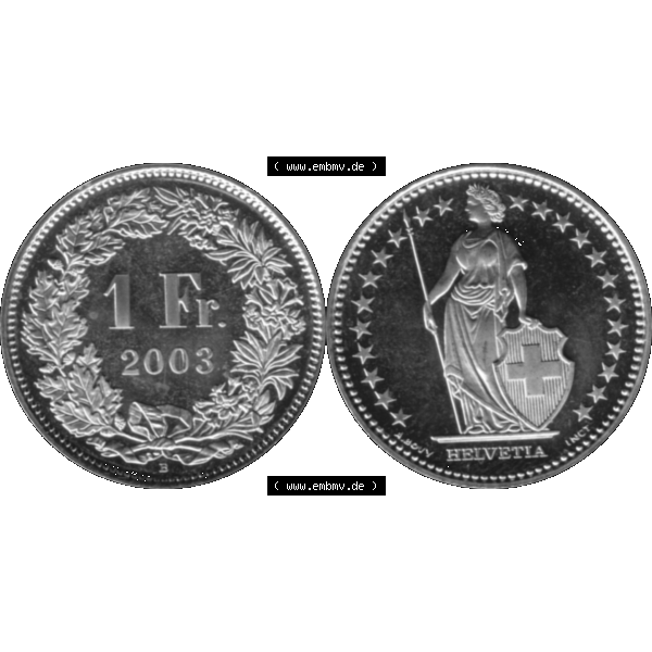 Grau bzw. s/w Alte Münze KMS Schweiz in original Farbgebung vom Scanner transparenten PNG 1983-2018, 1 Franken 2003. Erst die Rückseite Links und dann die Vorderseite Rechts der Münze aus... Sammlung Graustufen