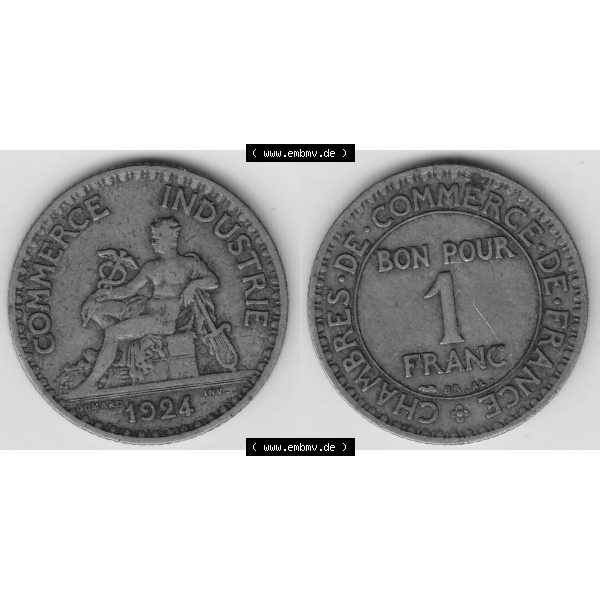 Grau bzw. s/w Münze Frankreich Umlaufmünzen Sammlung in PNG 1920-1927, 1 Franken BON POUR 1 FRANC 1924-2 (3) - Digitales Münzen-Bildmaterial einer französischen Francs Münze... Sammlung Graustufen