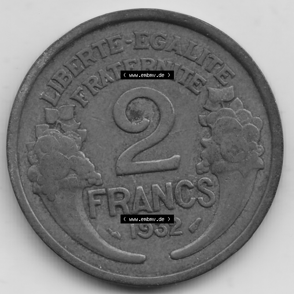 Grau bzw. s/w Münze Frankreich Umlaufmünzen Sammlung in PNG 1931-1941, 2 Franken 1932-1 LIBERTE EGALITE FRATERNITE (2) - Digitales Münzen-Bildmaterial einer französischen Francs Münze... Sammlung Graustufen